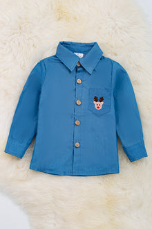  Rudolph embroidered pocket long sleeve boys shirt.TPB50143015JEAN