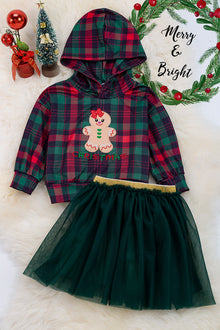  Green & red plaid sweatshirt w/hoodie & tulle skirt. OFG50213015 JEAN