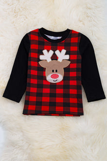  Plaid reindeer application boys long sleeve shirt. TPB50133015 AMY