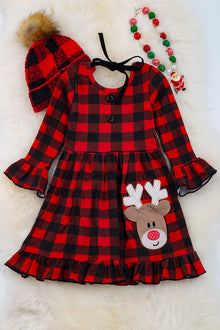  Plaid reindeer application dress with ruffle hem. DRG50133091 006JEAN