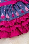 Pink Christmas tree printed bubble sleeve dress with ruffle. DRG50133019 AMY