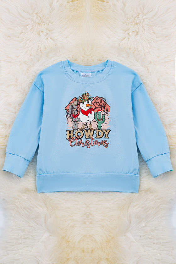 Howdy Christmas" Lt. Blue Christmas sweatshirt for girls. TPG50133023 LOI