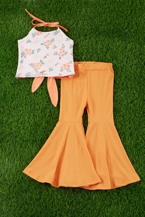Floral halter top with back knot & orange bell bottoms. OFG25173051-LOI