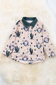  Boys bull skull printed on ivory button up shirt. TPB65143026 SOL