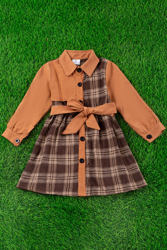 Brown & khaki plaid printed dress. DRG65113091-WEN