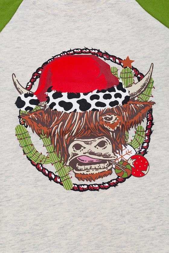 Christmas Highland cow raglan w/ green sleeves. TPB50143012 LOI