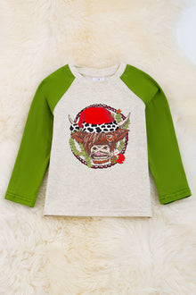  Christmas Highland cow raglan w/ green sleeves. TPB50143012 LOI