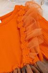 Orange with sunflower printed brown tulle skirt dress. DRG45133037WEN