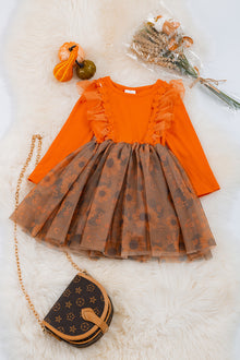  Orange with sunflower printed brown tulle skirt dress. DRG45133037WEN