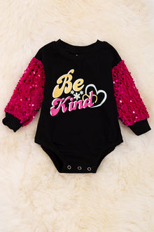  "Be Kind" Black baby onesie with Fuchsia sequins sleeves. RPG65133105 LOI