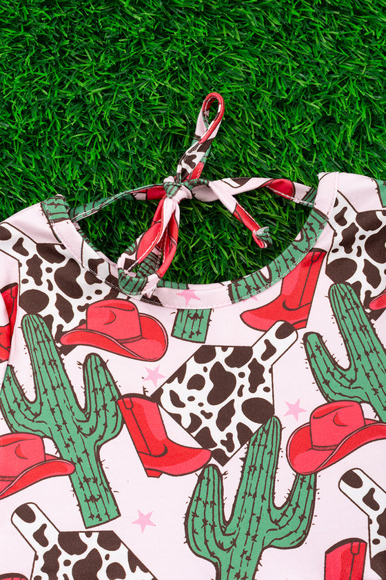 Red cowgirl hat & cactus printed ruffle hem dress. DRG65113129-AMY