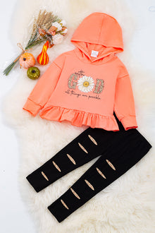  With God all things are possible" Orange tunic w/hoodie with ruffle & leggings. OFG65113088 LOI