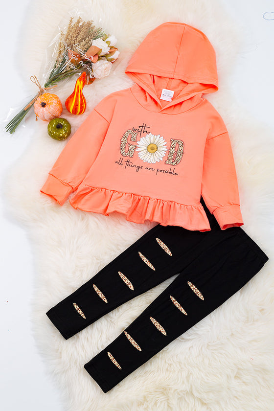 With God all things are possible" Orange tunic w/hoodie with ruffle & leggings. OFG65113088 LOI