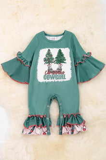  Christmas cowgirl printed baby romper with bell sleeves. RPG50143001-AMY