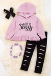 Keep it sassy" purple tunic w/hoodie with distressed leggings.OFG65113090 WENDY