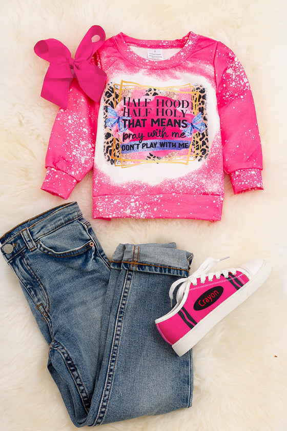 Hot pink Half Hood Half Holy printed girls sweatshirt. TPG65153104 wen