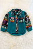 Teal sherpa shacket with geometric printed sleeve. TPG60153006 AMY