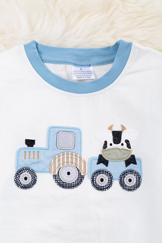 Cow riding tractor applique jogger set. OFB65143001 jean