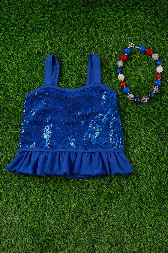 ROYAL BLUE SEQUINS TANK TOP W/RUFFLE TRIM. TPG30113002-WEN