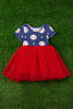 BASEBALL PRINTED ON NAVY BLUE & RED TULLE SKIRT DRESS. DRG55113002 SOL