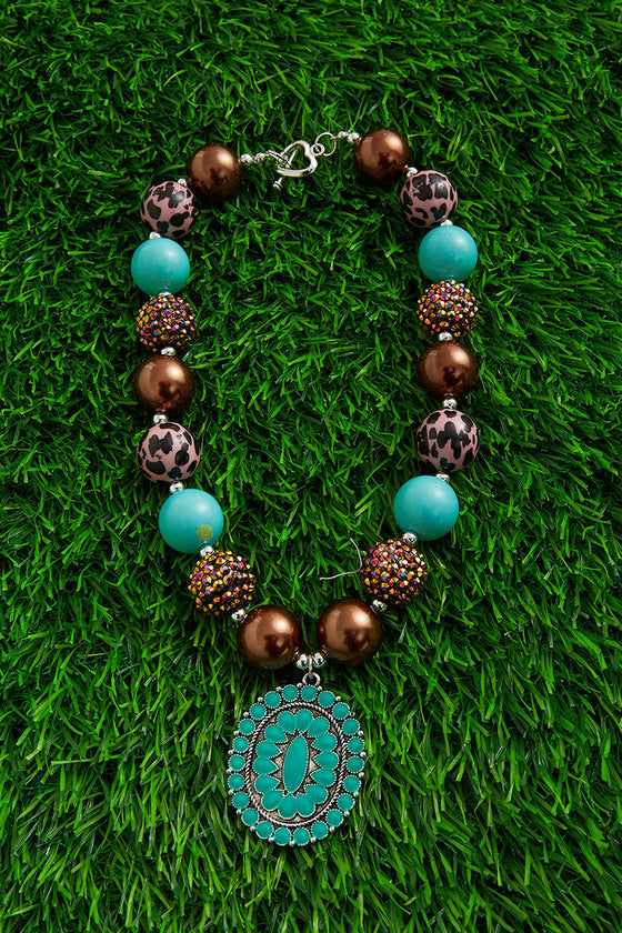 BROWN & AQUA, SPOTTED MULTI-PRINTED BUBBLE NECKLACE WITH CONCHO PENDANT. (3PCS/$15.00) ACG601122040