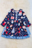 Navy blue Christmas Ornament dress w/side pocket. DRG50133064 AMY