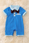 Bow tie White stripe on blue baby romper with printed bunny. RPB50112 Jean