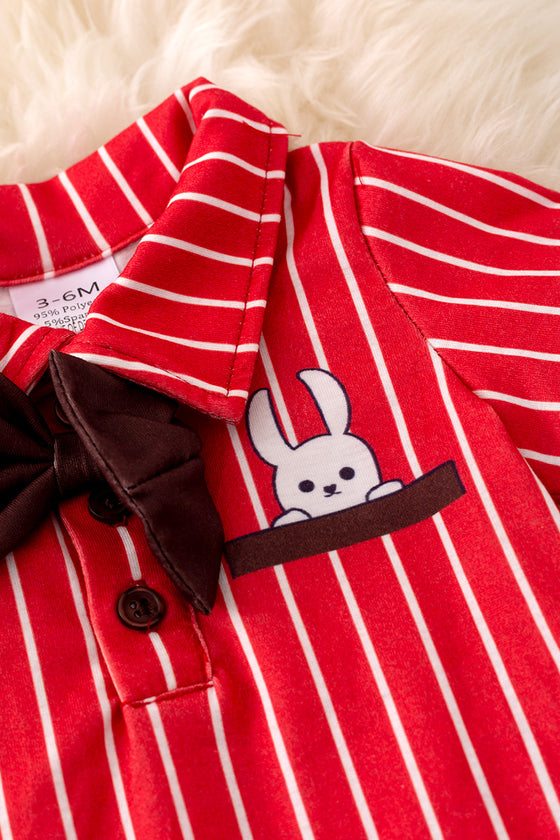 Bow tie White stripe on red baby romper with printed bunny. RPB50113 AMY