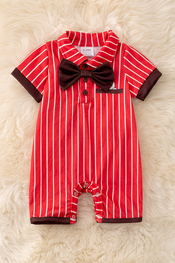 Bow tie White stripe on red baby romper with printed bunny. RPB50113 AMY