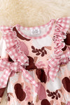 RPG40624 AMY: Pumpkin printed baby onesie with gingham trim.