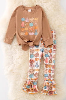  OFG42045 LOI: "Happy Halloween" Pumpkin printed top & ruffle pants.