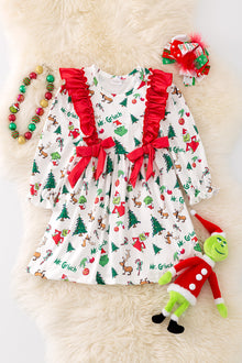  DRG42389 Loi: Christmas tree printed dress w/ruffle trim.