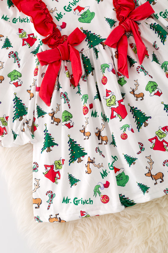 DRG42389 Loi: Christmas tree printed dress w/ruffle trim.