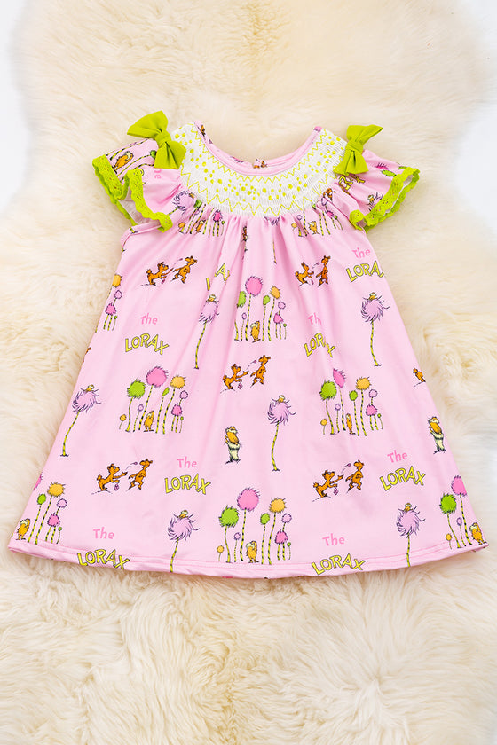 Pink Character printed dress with neon green embroidered sleeve trim. DRG40183 WENDY