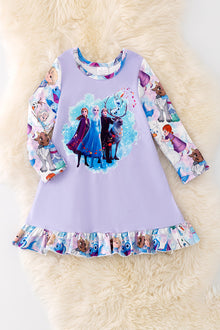  PJG40168 AMY: Multi-printed character on lavender pajama dress.