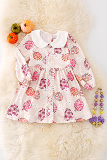  DRG42124 Wen: Pumpkin printed dress w/ bubble sleeve.