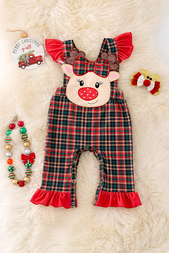 RPG40804 JEAN: Coquette reindeer applique plaid romper.