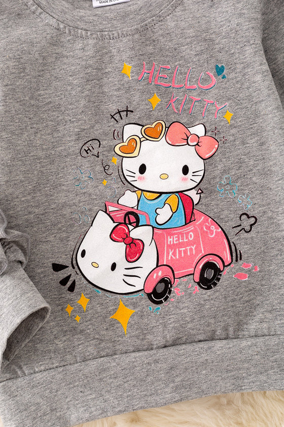 TPG41123 JEAN: Kitty printed sweatshirt w/ ruffle trim.