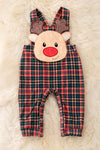 RPB40325 AMY: Red nose reindeer applique baby romper w/snaps.