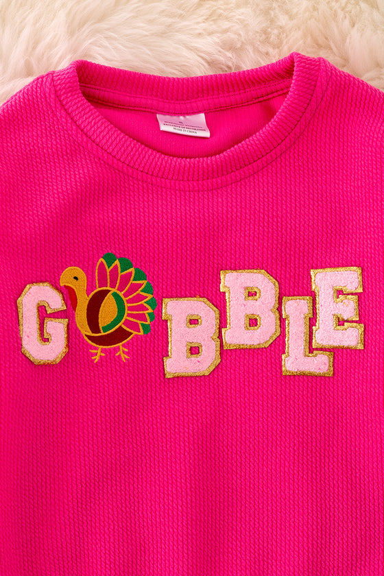 TPG40924 AMY: Gobble, Gobble" Thanksgiving applique ribbed top.