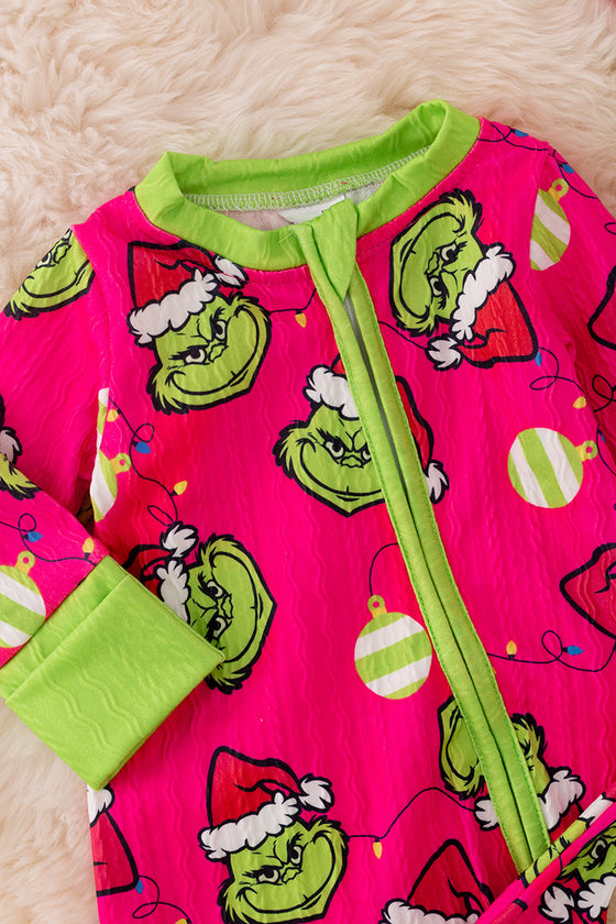 RPG40858 SOL: Hot pink Christmas character printed baby romper.