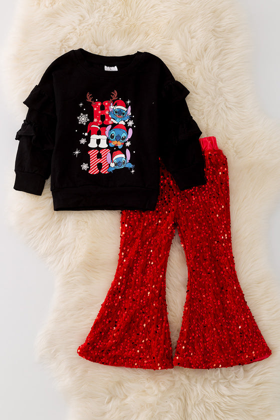 OFG41984 JEAN: HO HO HO" Black ruffle sleeve sweatshirt & sequins bottoms.