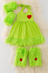 DRG40686 JEAN: Green fur dress  w/hand warmers and leg warmers.