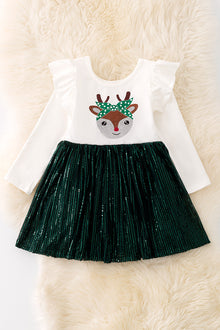  DRG42178 SOL: Shimmery fawn printed dress w/green sequins tulle.