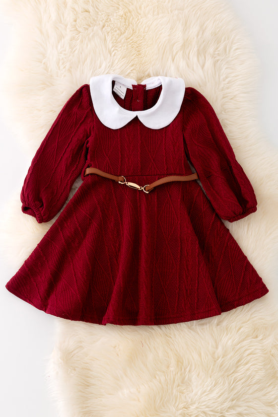 DRG42144 WEN: Burgundy flare dress w/belt.