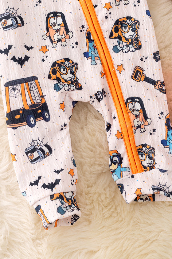 RPB40386 JEAN: Halloween printed baby romper with zipper.