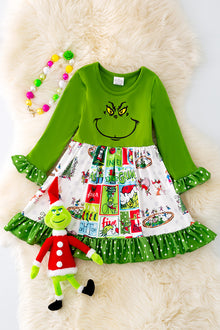  DRG40744 JEAN: Christmas Character printed dress w/ ruffle hem. 🎄