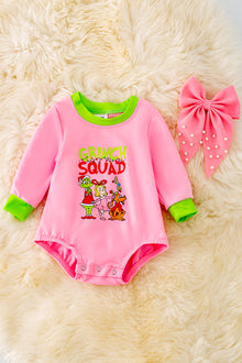  RPG40174-SOL: Pink Christmas character baby onesie with snaps.🎄