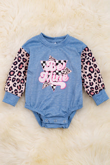  Be mine" Blue baby romper w/cheetah printed sleeves. RPG05143016 SOL