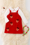 Red nose reindeer application corduroy dress with white long sleeve undershirt. OFG41850 JEAN